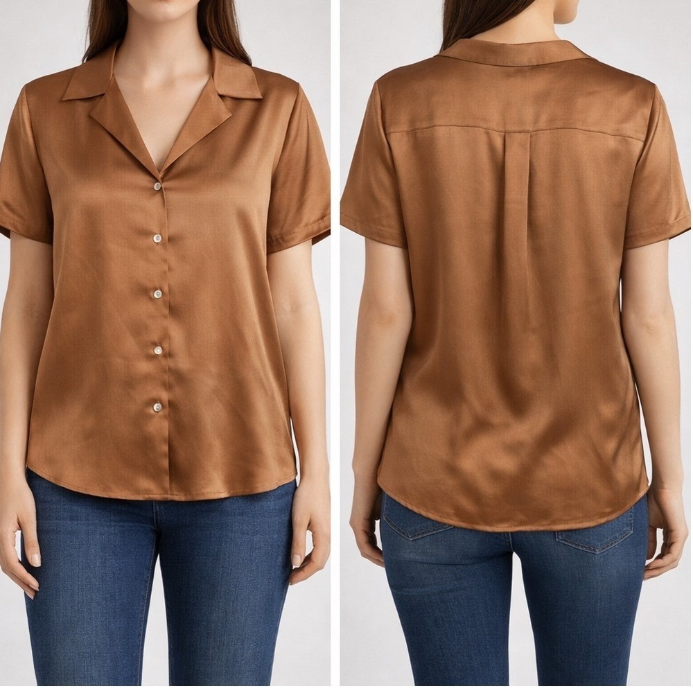 Rachel Zoe Satin Blouse Womens Medium Copper Brown Chic Minimalist Button Up